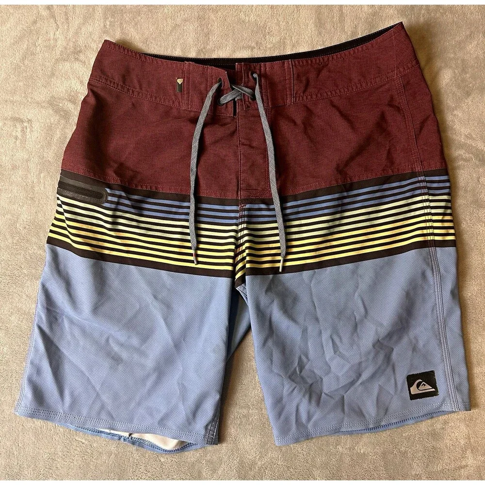 Quiksilver Men's Board Shorts Size 32 waist Striped Burgundy Blue Yellow Black